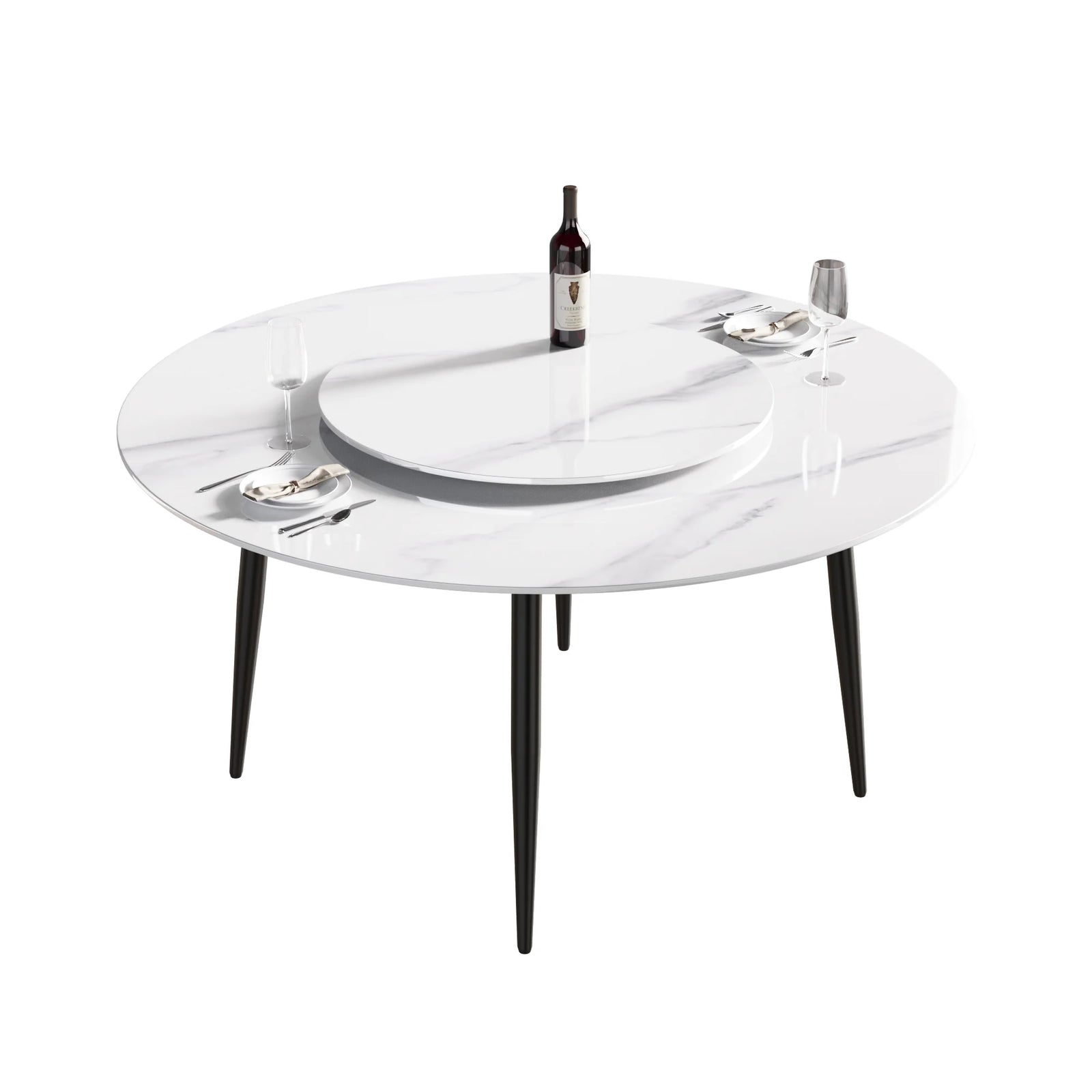 Mesa de comedor Marbella de piedra sinterizada | Redonda de 150 cm (59") en blanco brillante con base de metal y bandeja giratoria