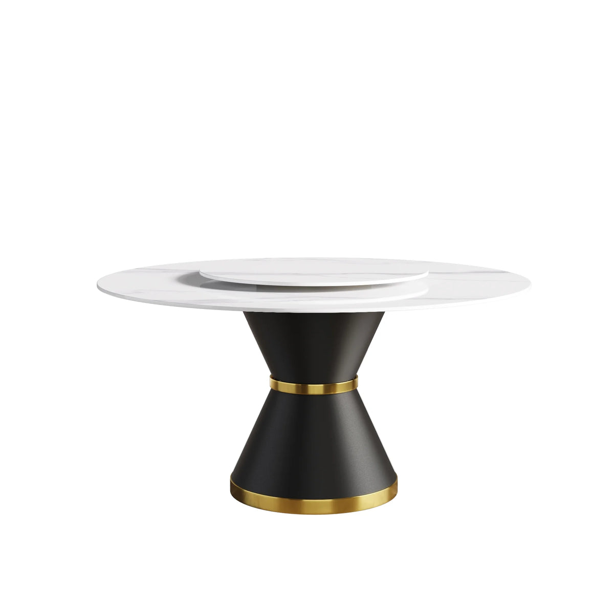 Mesa de comedor Marbella de piedra sinterizada | Redonda de 150 cm (59") en blanco brillante con base de metal y bandeja giratoria