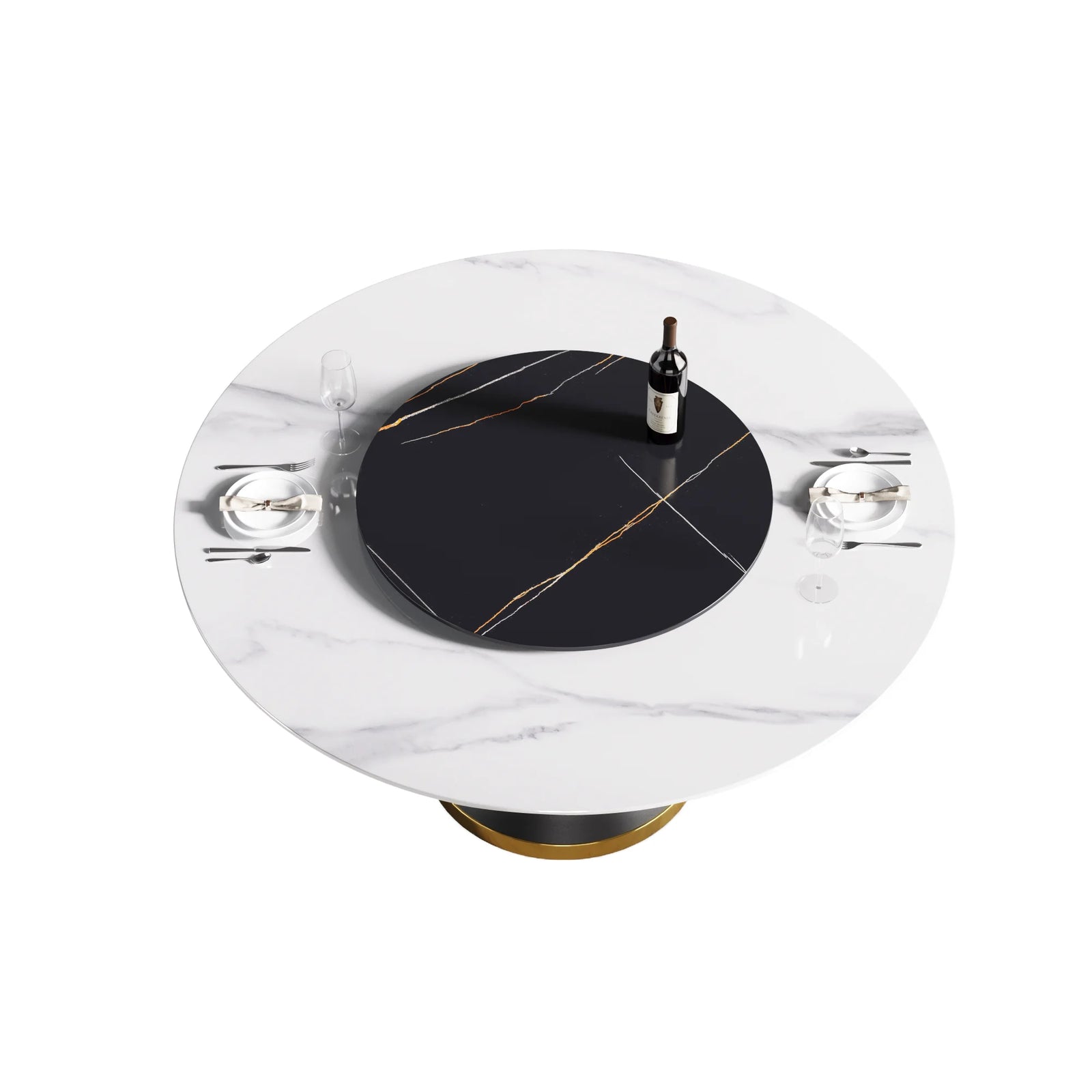 Mesa de comedor Marbella de piedra sinterizada | Redonda de 150 cm (59") en blanco brillante con base de metal y bandeja giratoria
