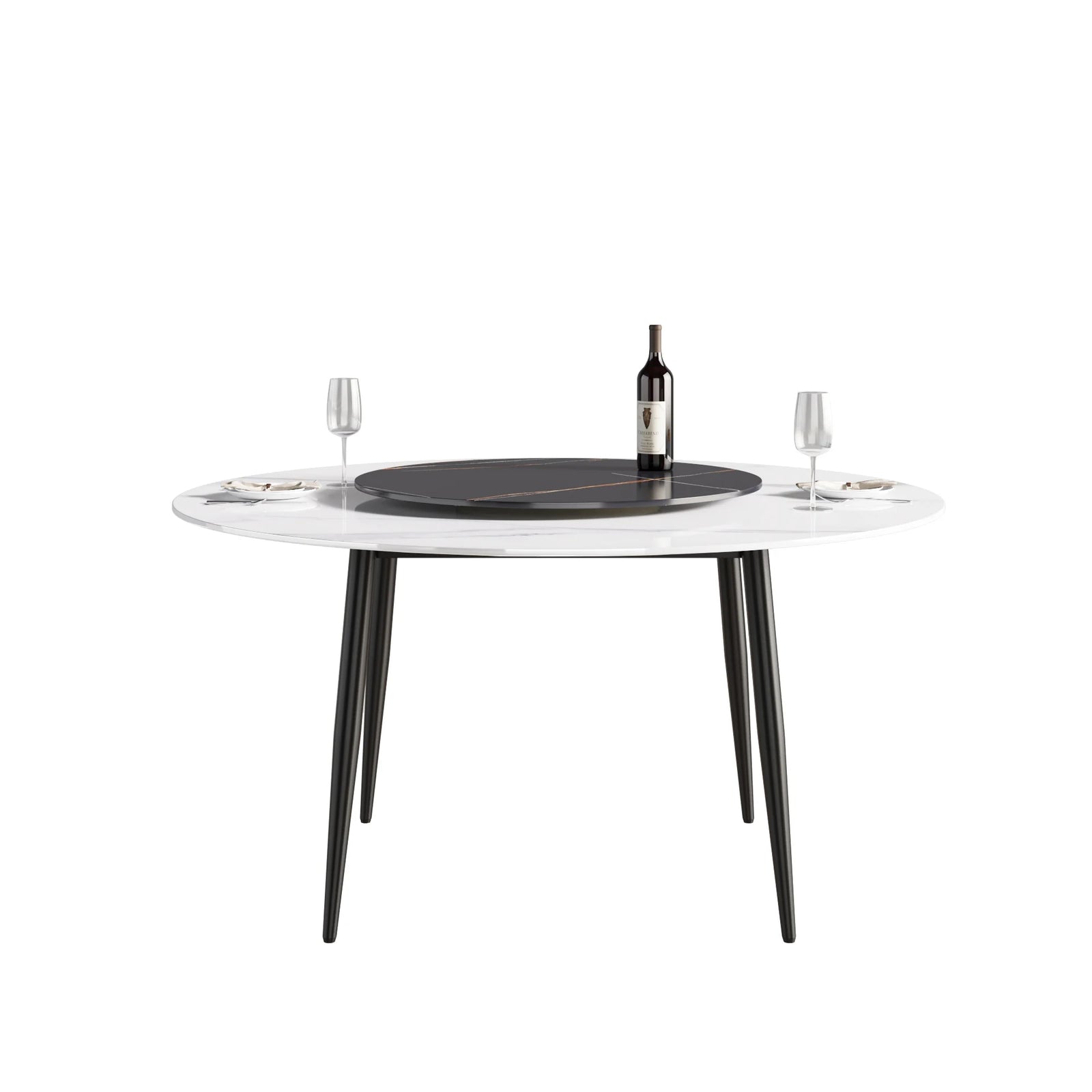 Mesa de comedor Marbella de piedra sinterizada | Redonda de 150 cm (59") en blanco brillante con base de metal y bandeja giratoria