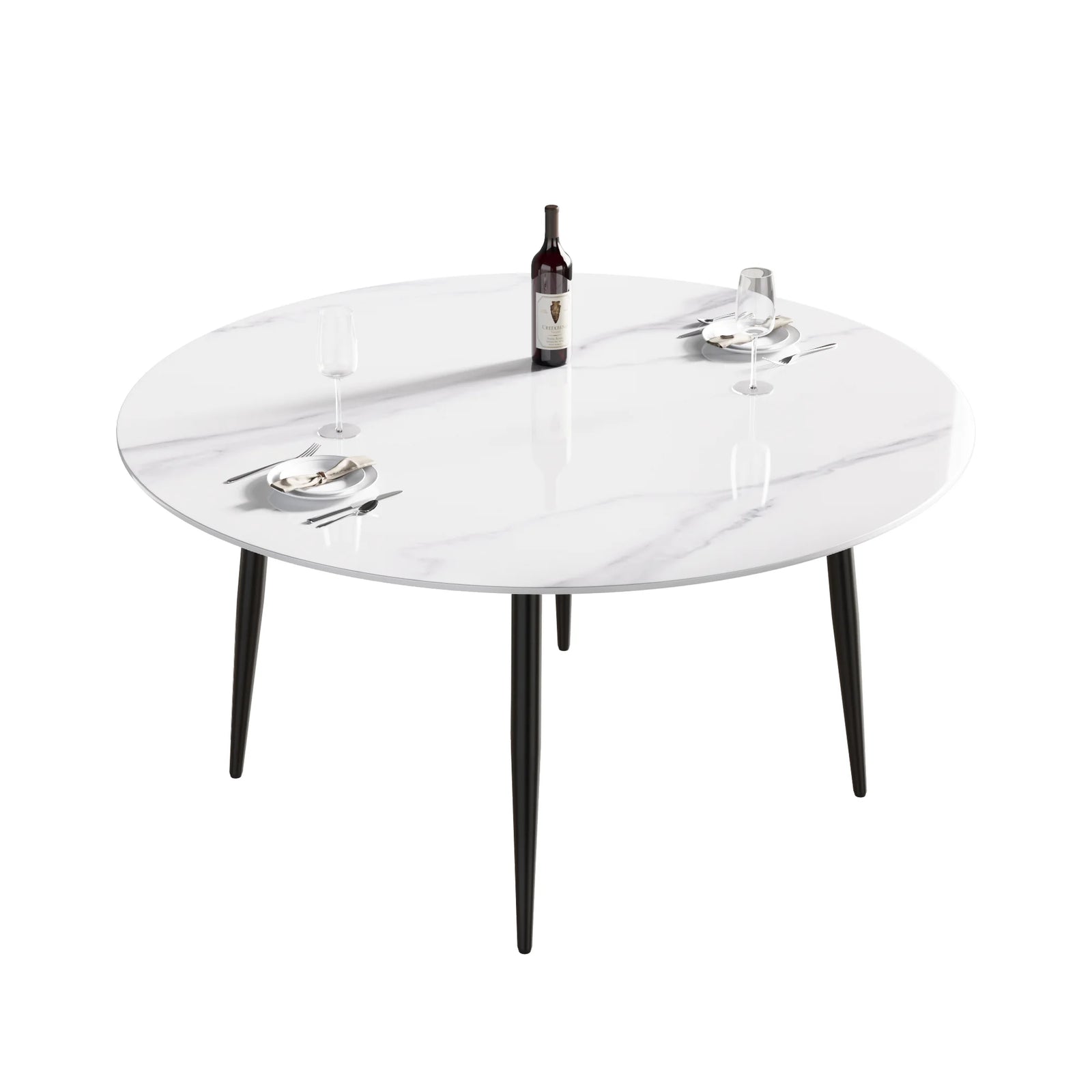 Mesa de comedor Marbella de piedra sinterizada | Redonda de 150 cm (59"), blanca brillante, con base metálica.