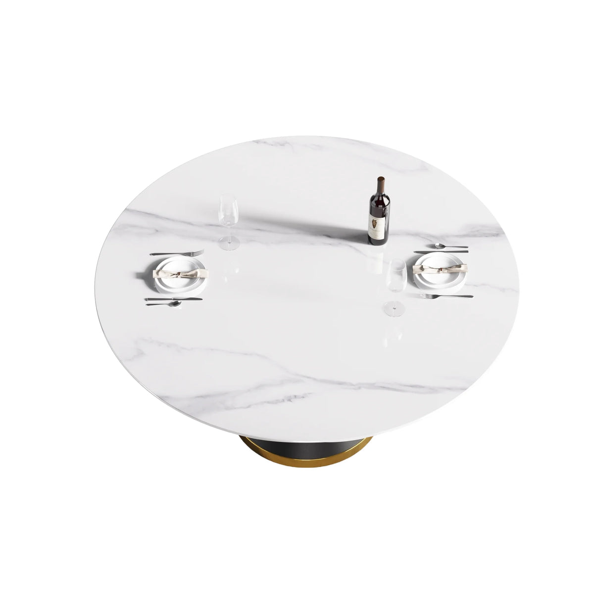 Mesa de comedor Marbella de piedra sinterizada | Redonda de 150 cm (59"), blanca brillante, con base metálica.
