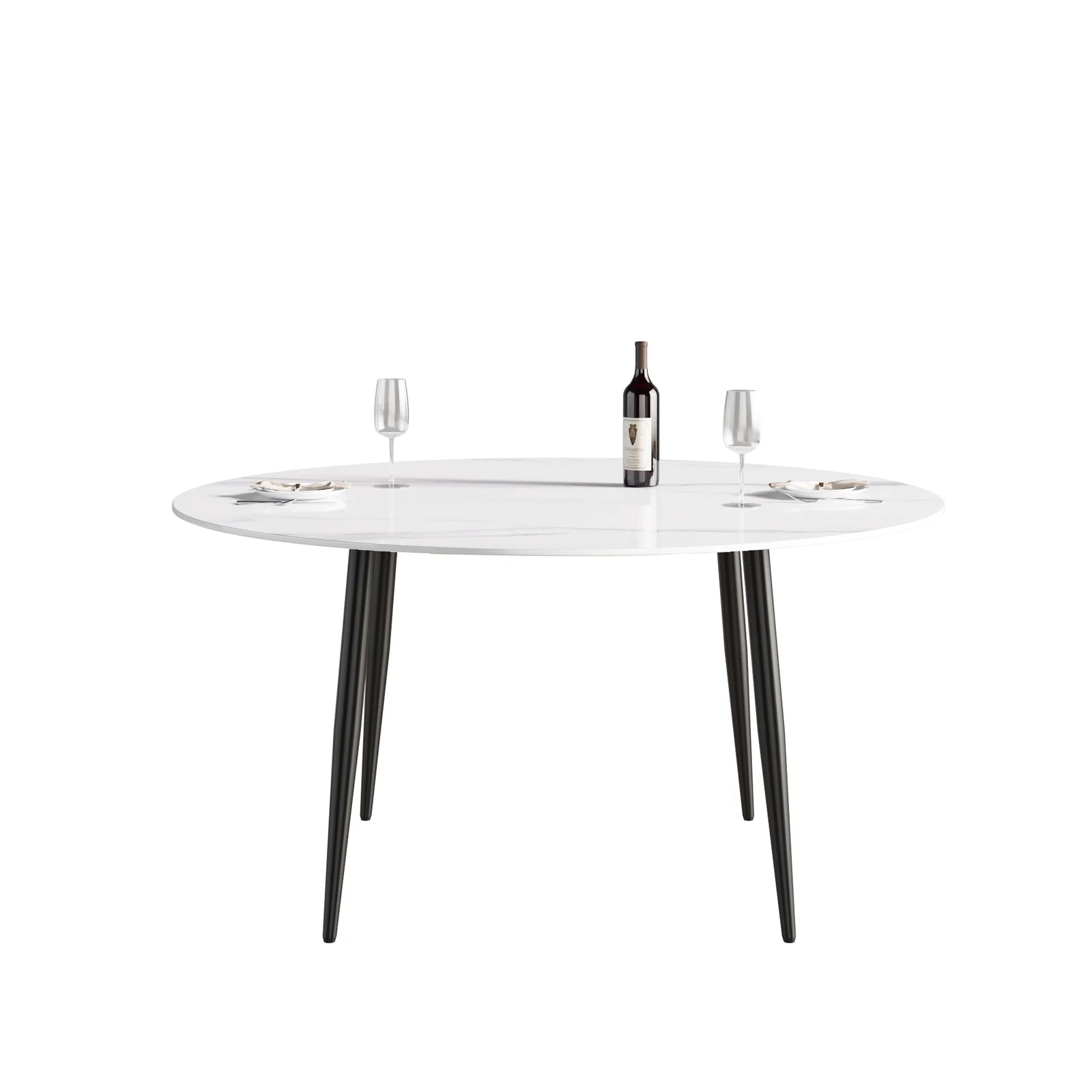 Mesa de comedor Marbella de piedra sinterizada | Redonda de 150 cm (59"), blanca brillante, con base metálica.