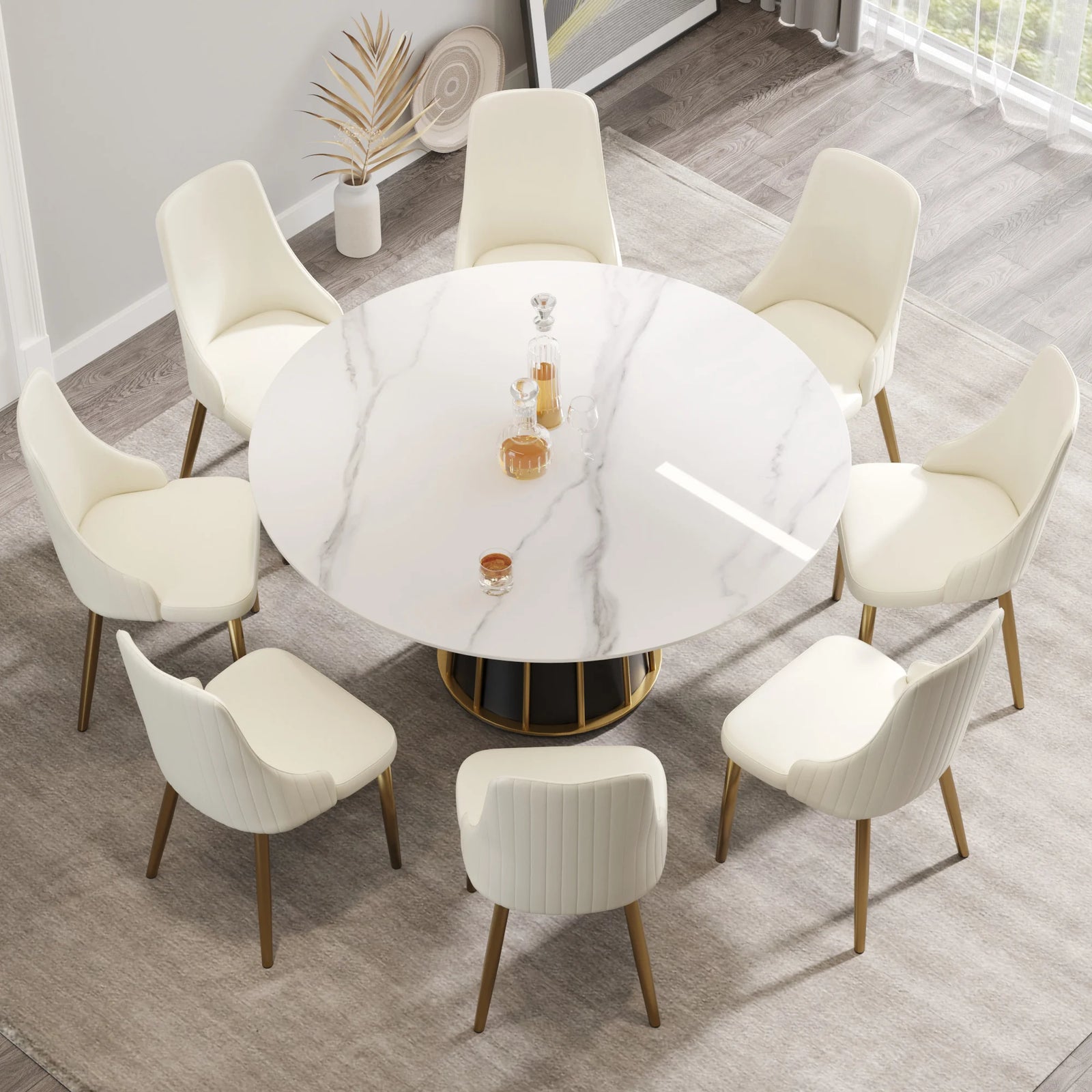 Mesa de comedor Marbella de piedra sinterizada | Redonda de 150 cm (59"), blanca brillante, con base metálica.