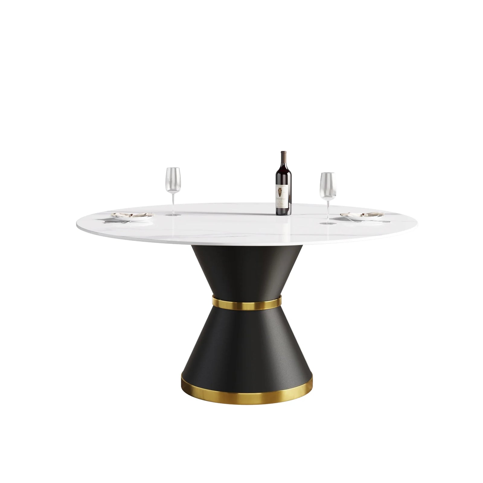 Mesa de comedor Marbella de piedra sinterizada | Redonda de 150 cm (59"), blanca brillante, con base metálica.