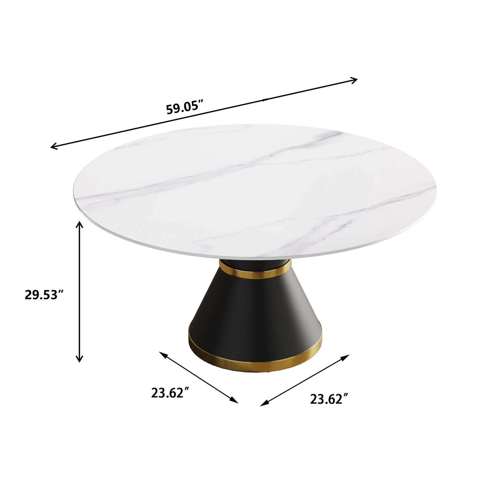 Mesa de comedor Marbella de piedra sinterizada | Redonda de 150 cm (59"), blanca brillante, con base metálica.