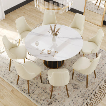 Mesa de comedor Marbella de piedra sinterizada | Redonda de 150 cm (59"), blanca brillante, con base metálica.