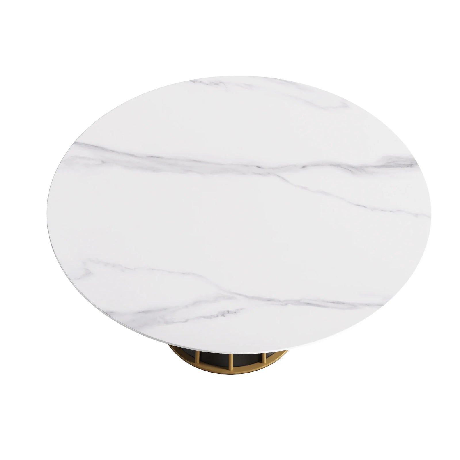 Mesa de comedor Marbella de piedra sinterizada | Redonda de 150 cm (59"), blanca brillante, con base metálica.