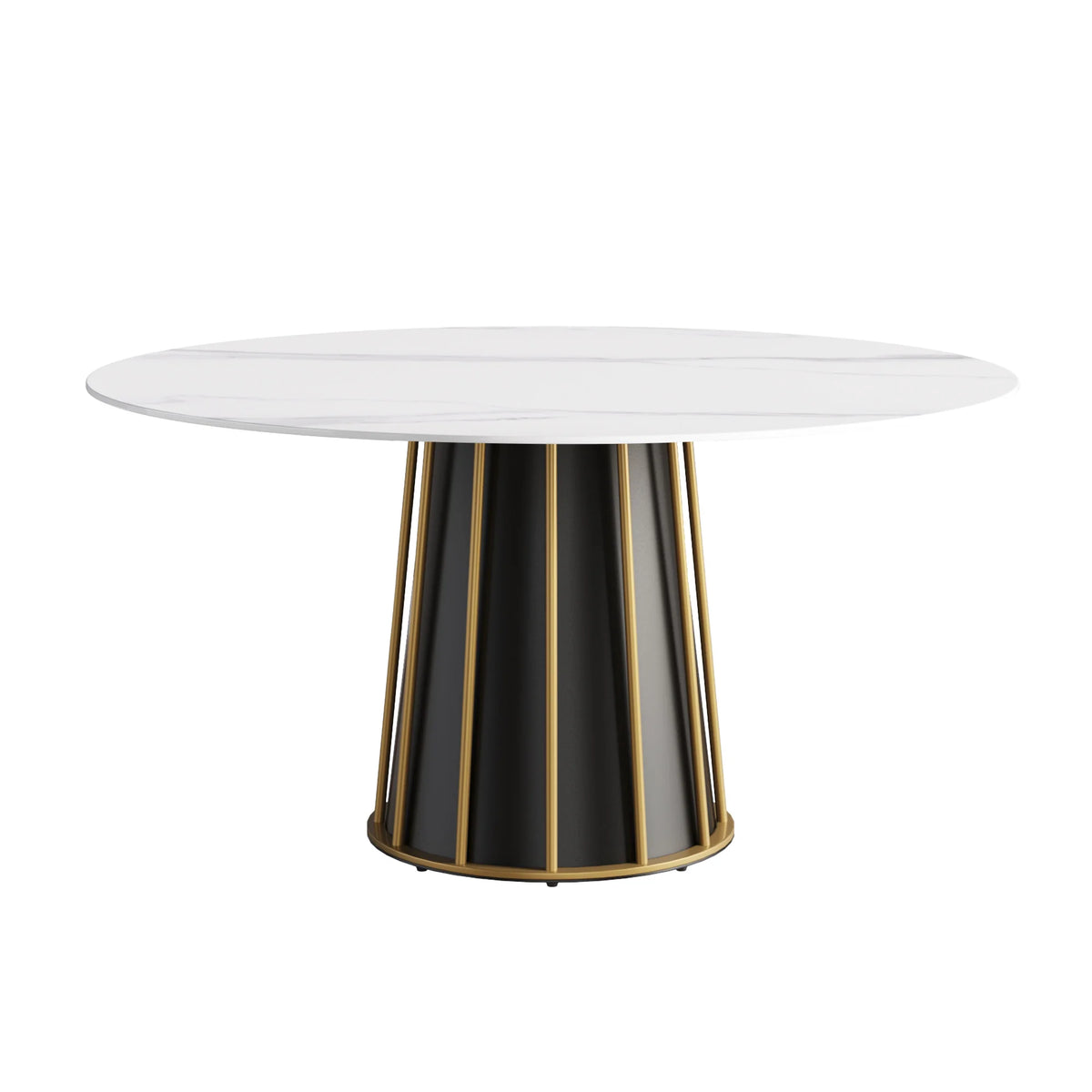 Mesa de comedor Marbella de piedra sinterizada | Redonda de 150 cm (59"), blanca brillante, con base metálica.