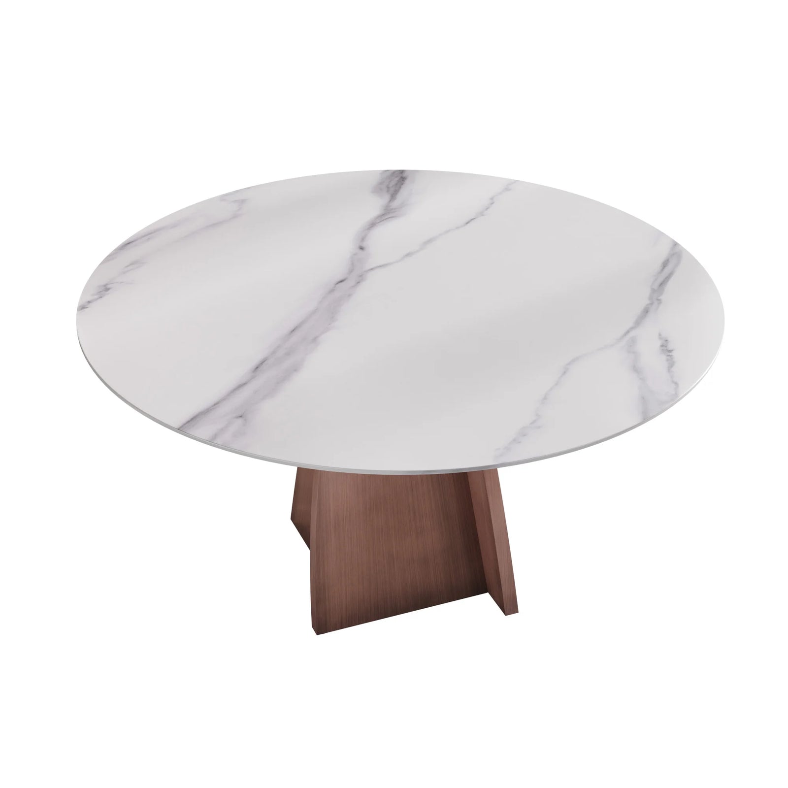 Mesa de comedor Marbella de piedra sinterizada | Redonda de 150 cm (59"), blanca brillante, con base metálica.