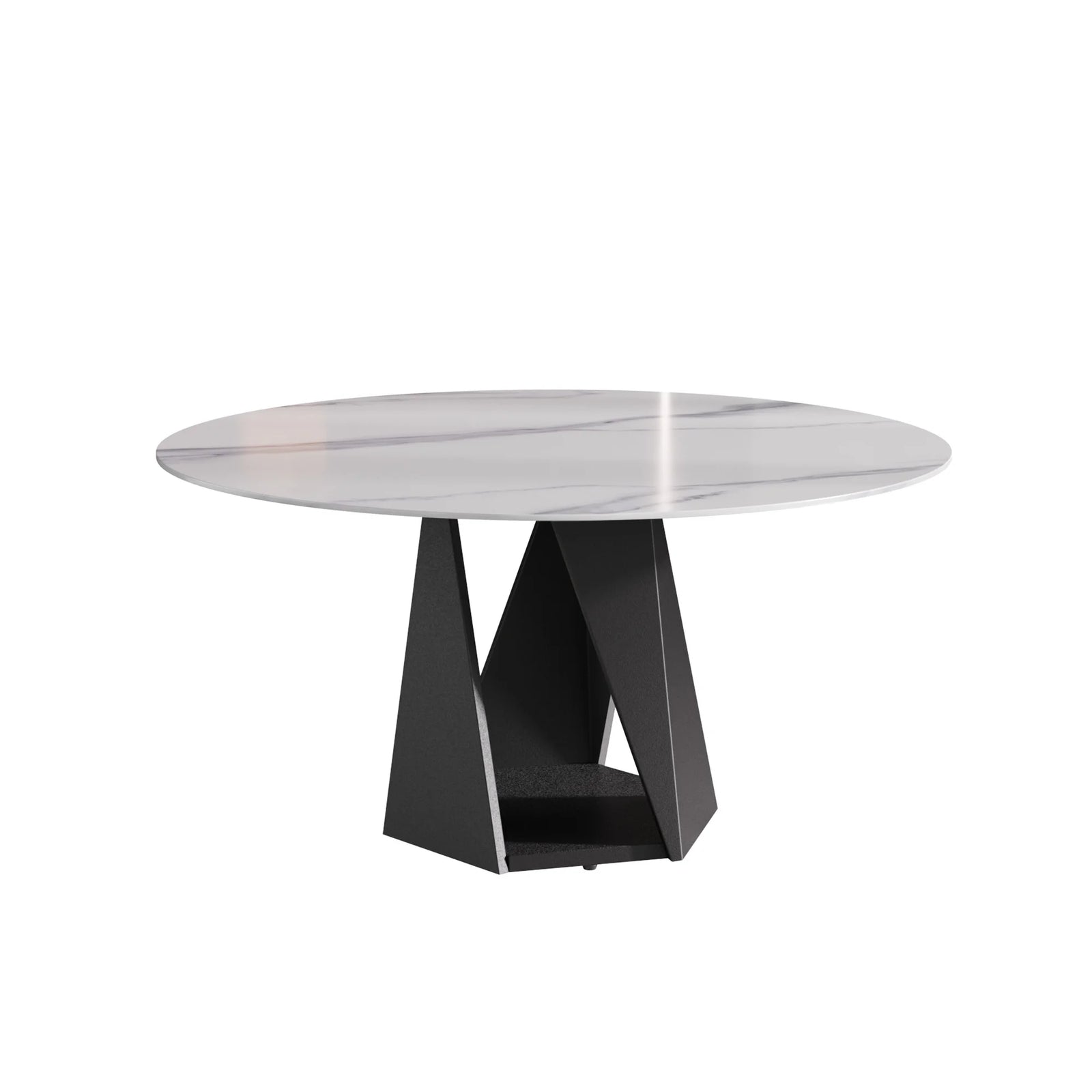 Mesa de comedor Marbella de piedra sinterizada | Redonda de 150 cm (59"), blanca brillante, con base metálica.