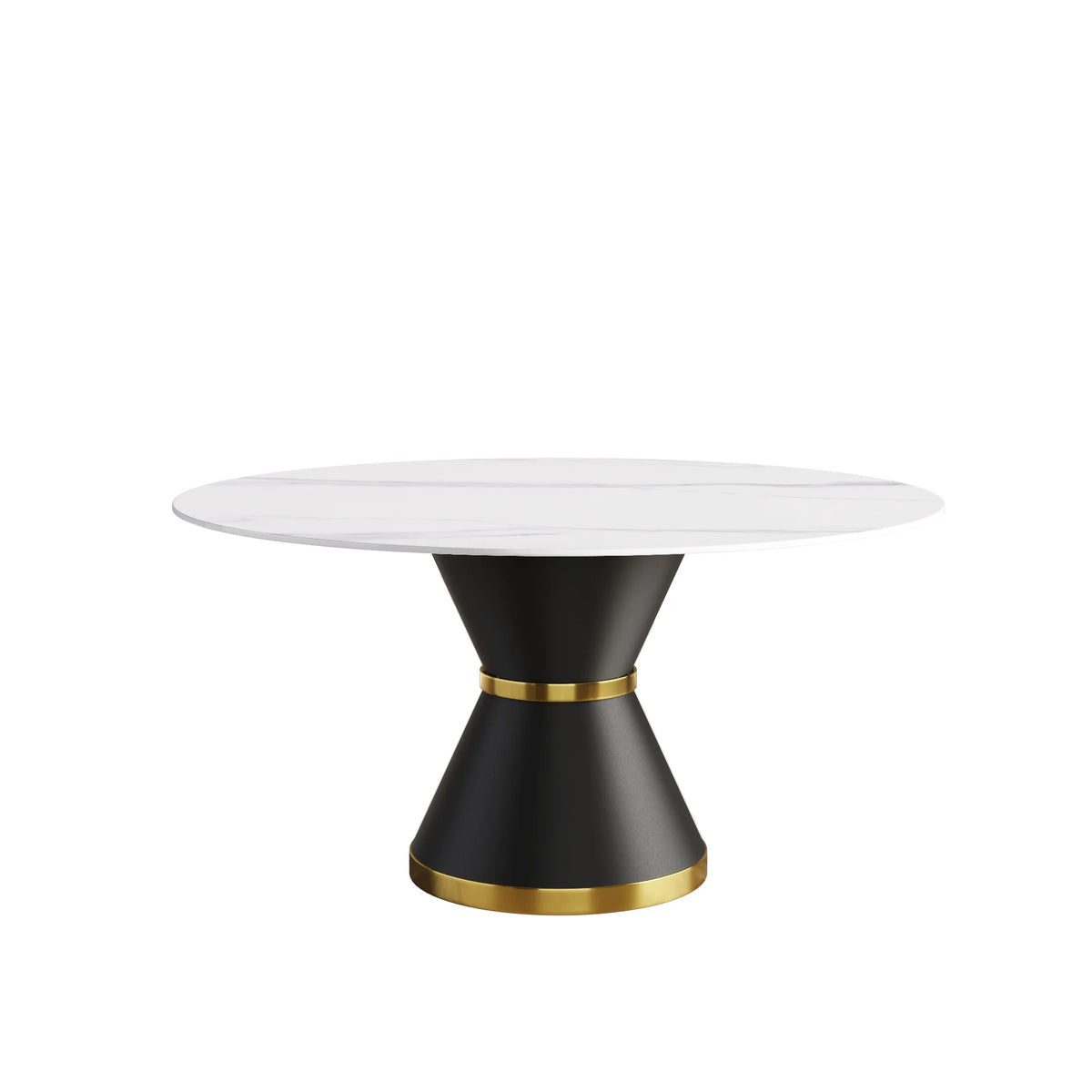 Mesa de comedor Marbella de piedra sinterizada | Redonda de 150 cm (59"), blanca brillante, con base metálica.