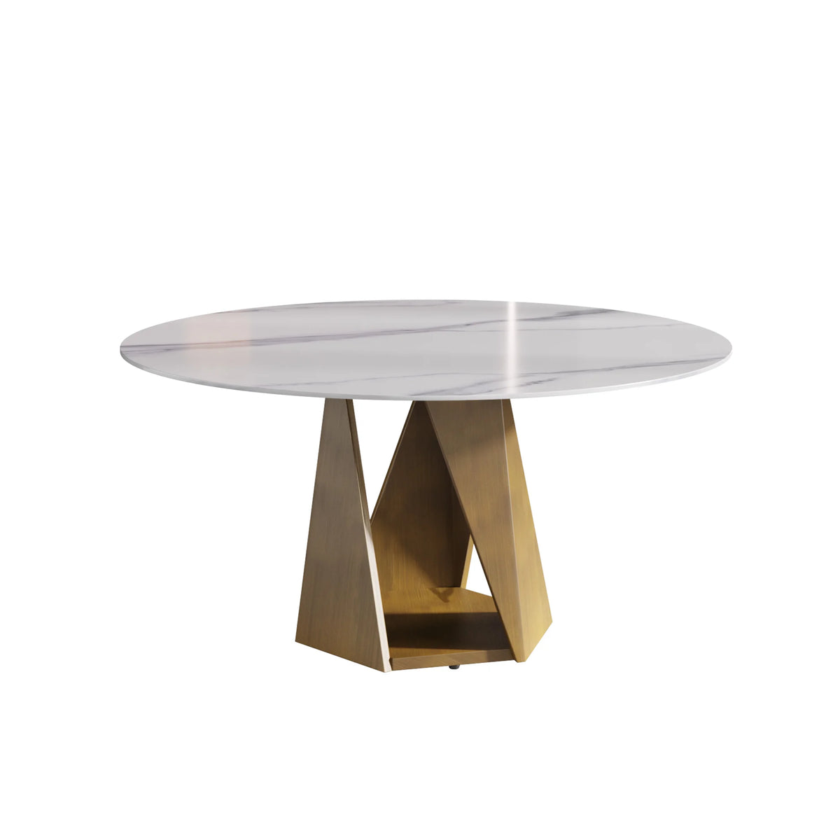 Mesa de comedor Marbella de piedra sinterizada | Redonda de 150 cm (59"), blanca brillante, con base metálica.