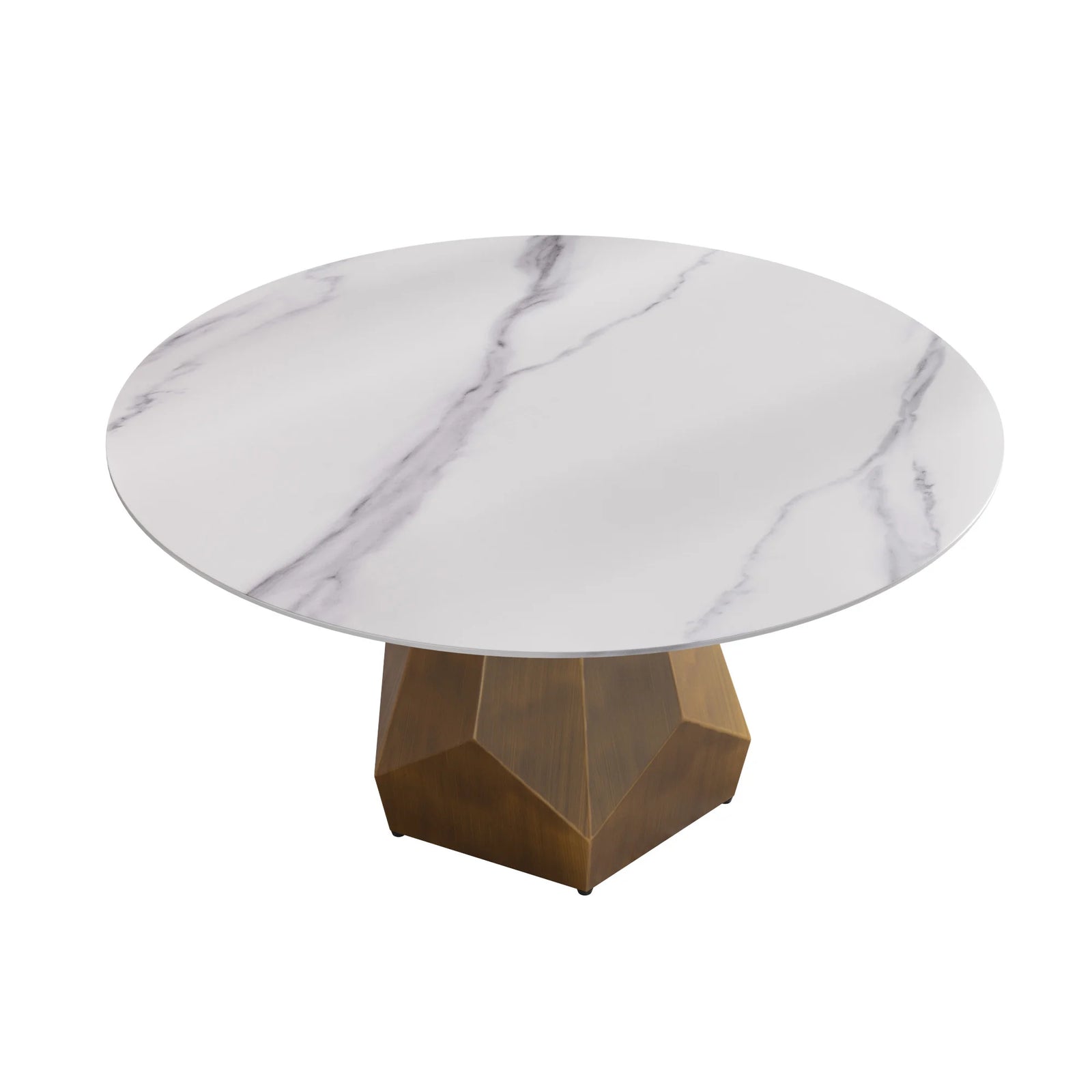 Mesa de comedor Marbella de piedra sinterizada | Redonda de 150 cm (59"), blanca brillante, con base metálica.
