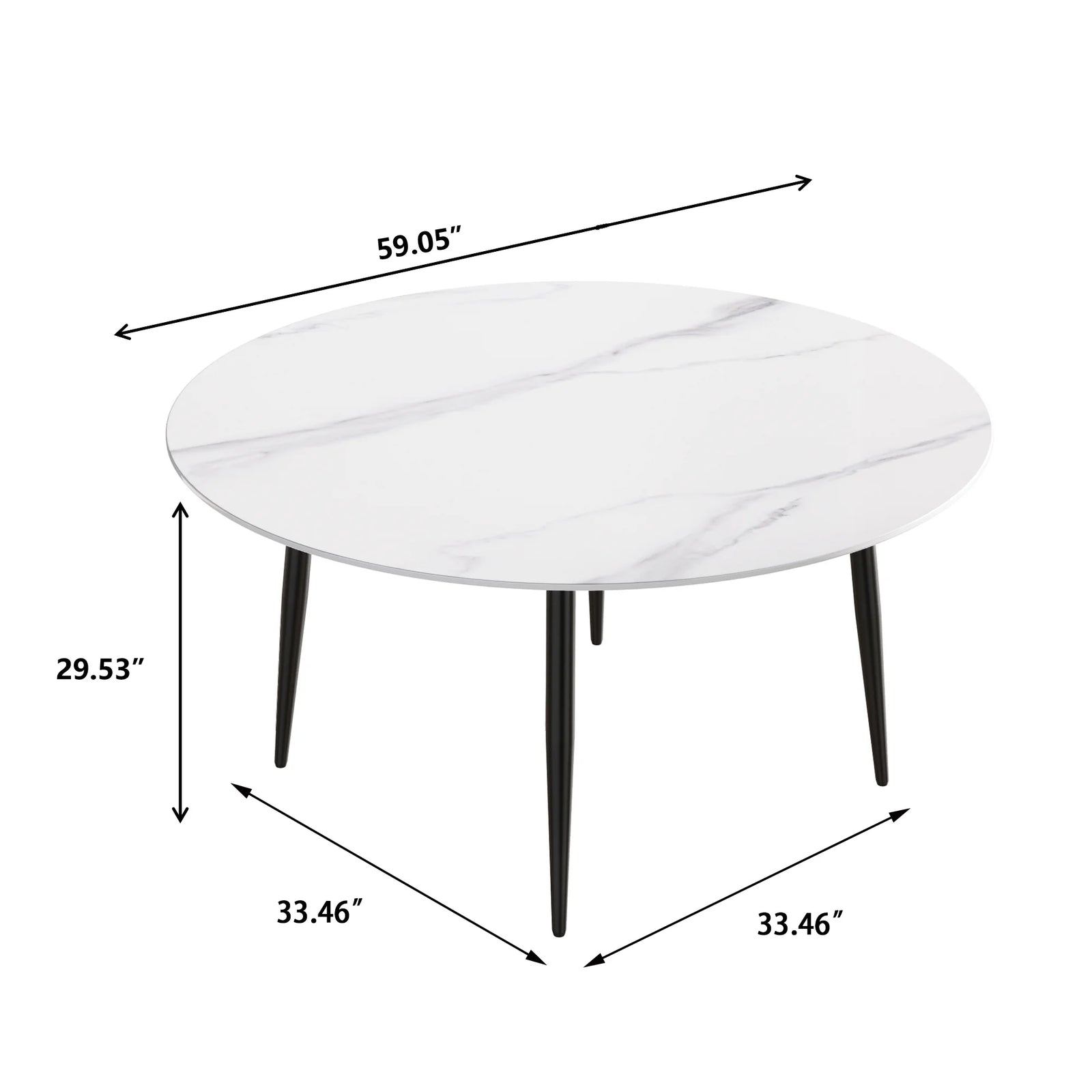 Mesa de comedor Marbella de piedra sinterizada | Redonda de 150 cm (59"), blanca brillante, con base metálica.