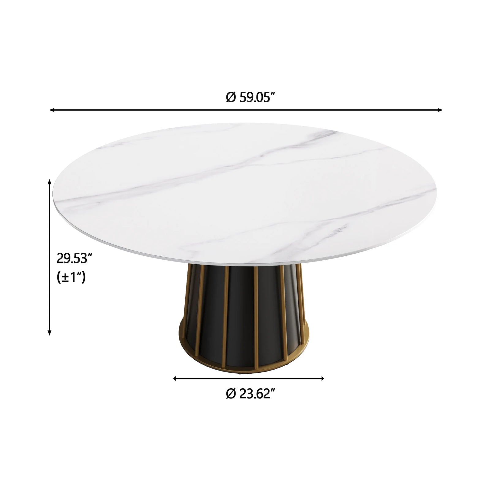 Mesa de comedor Marbella de piedra sinterizada | Redonda de 150 cm (59"), blanca brillante, con base metálica.