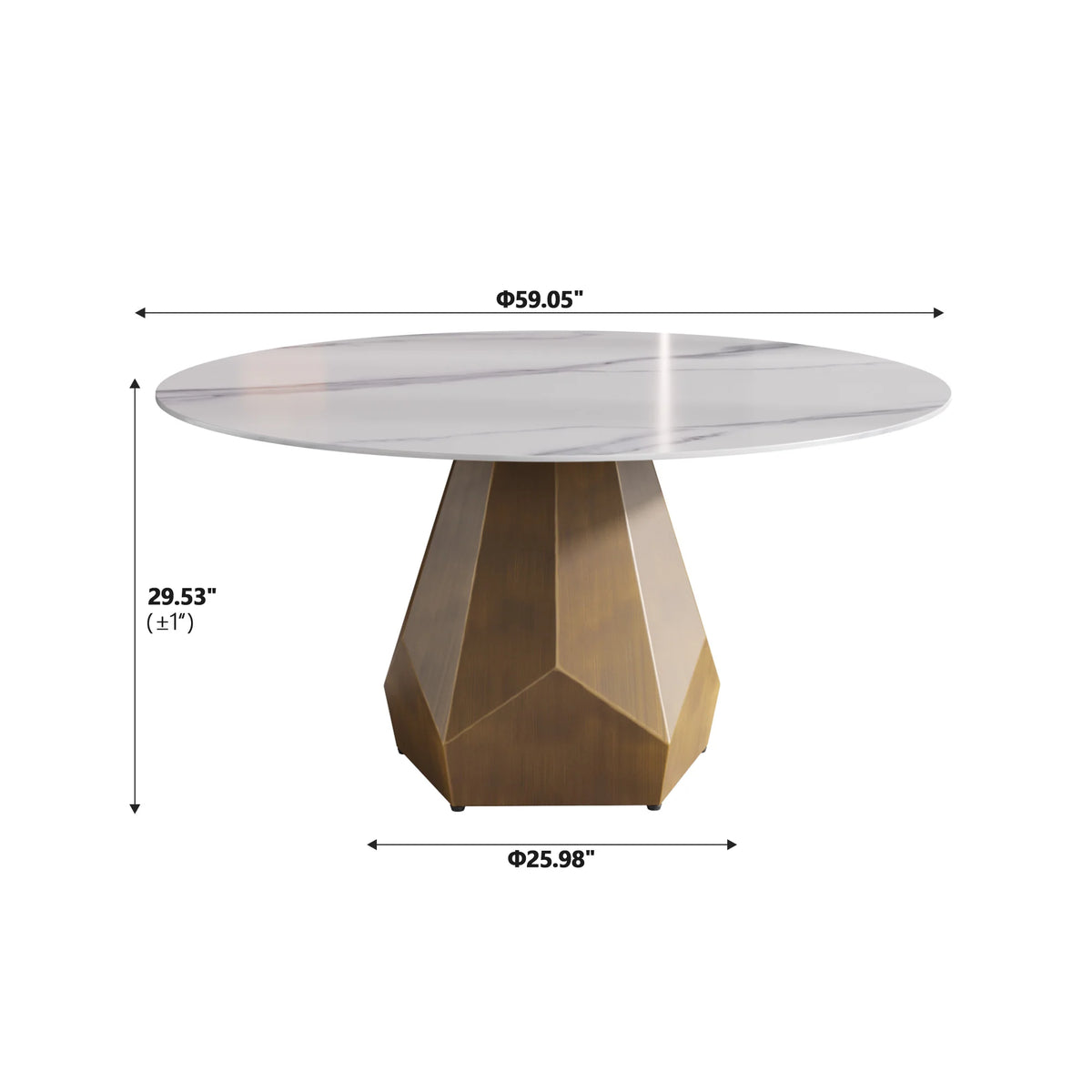Mesa de comedor Marbella de piedra sinterizada | Redonda de 150 cm (59"), blanca brillante, con base metálica.