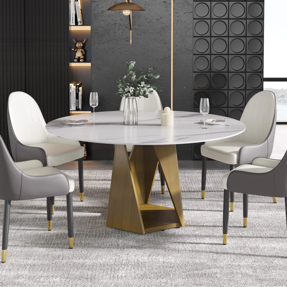 Mesa de comedor Marbella de piedra sinterizada | Redonda de 150 cm (59"), blanca brillante, con base metálica.