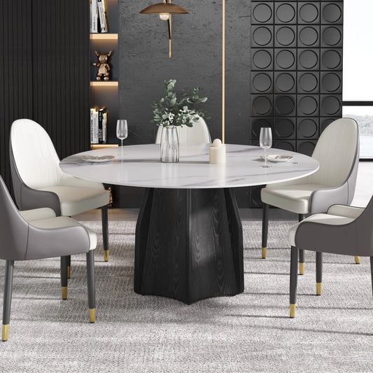 Marbella Sintered Stone Dining Table | 59" White Gloss Round With Metal Base