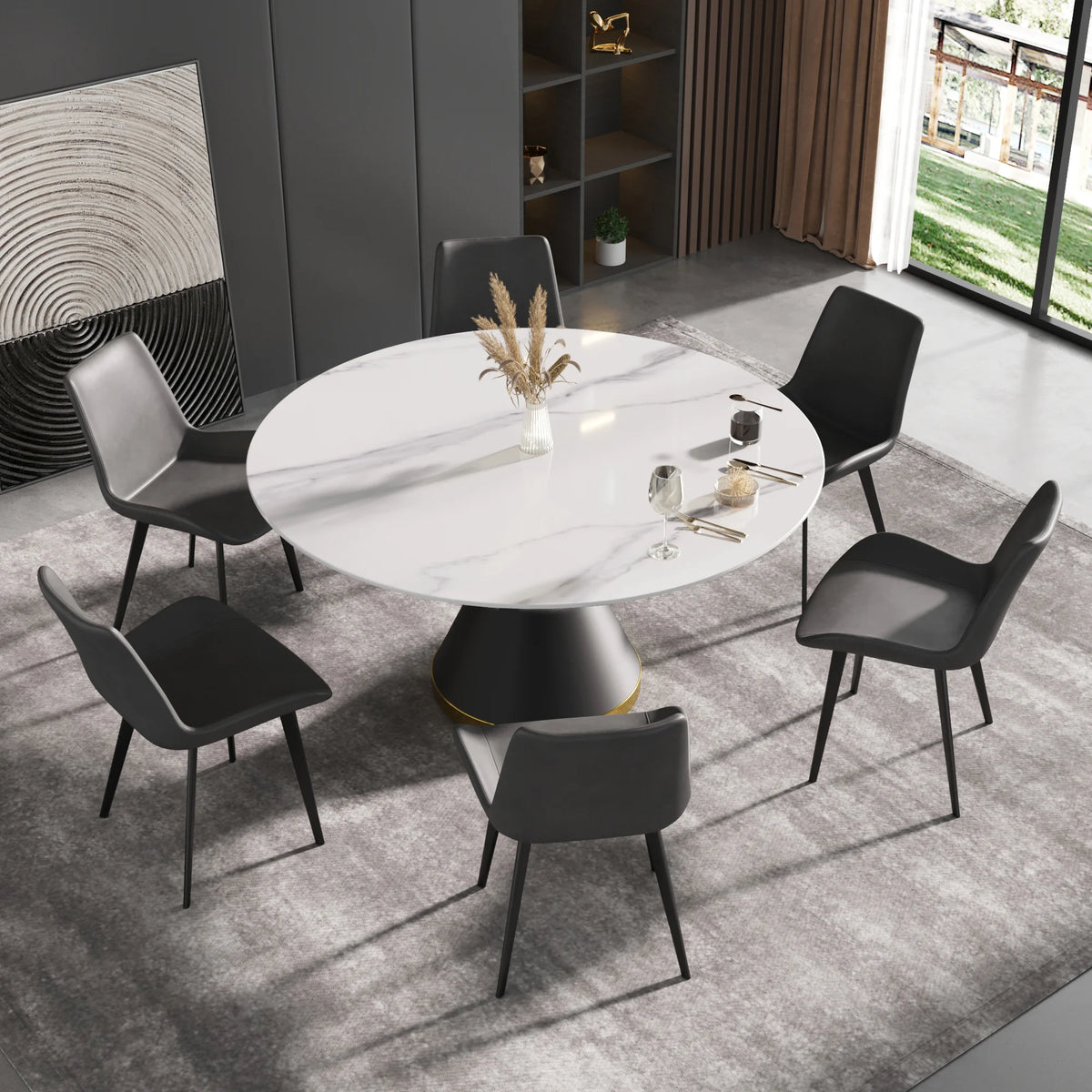 Mesa de comedor Marbella de piedra sinterizada | Redonda de 150 cm (59"), blanca brillante, con base metálica.