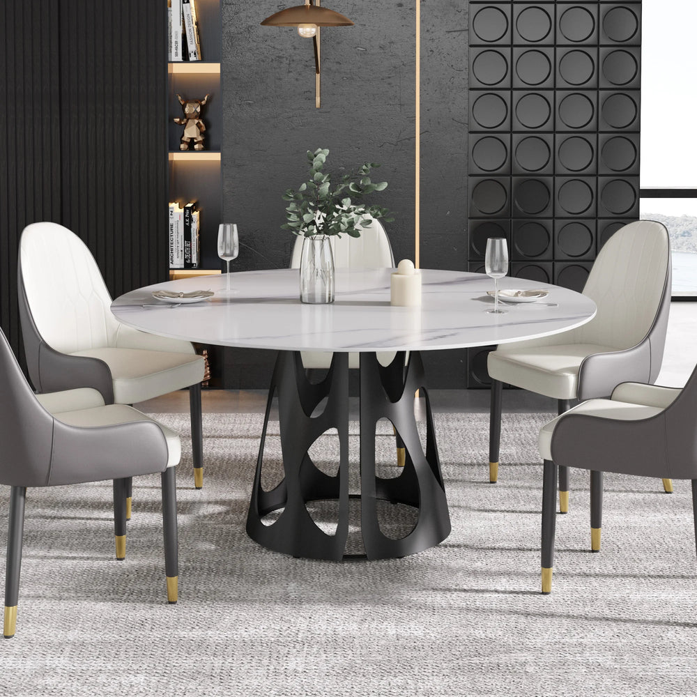 Marbella Sintered Stone Dining Table | 59" White Gloss Round With Metal Base
