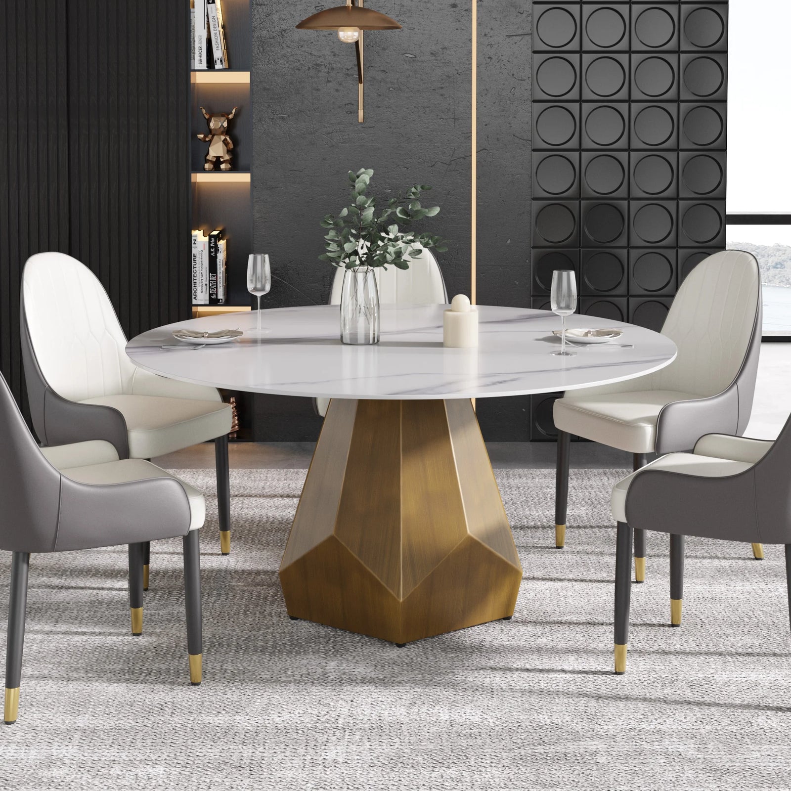 Mesa de comedor Marbella de piedra sinterizada | Redonda de 150 cm (59"), blanca brillante, con base metálica.