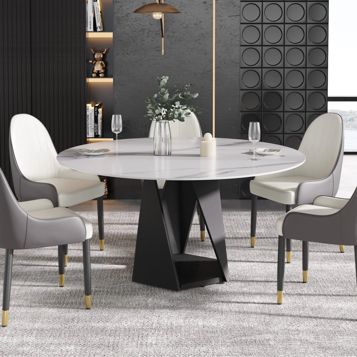 Mesa de comedor Marbella de piedra sinterizada | Redonda de 150 cm (59"), blanca brillante, con base metálica.