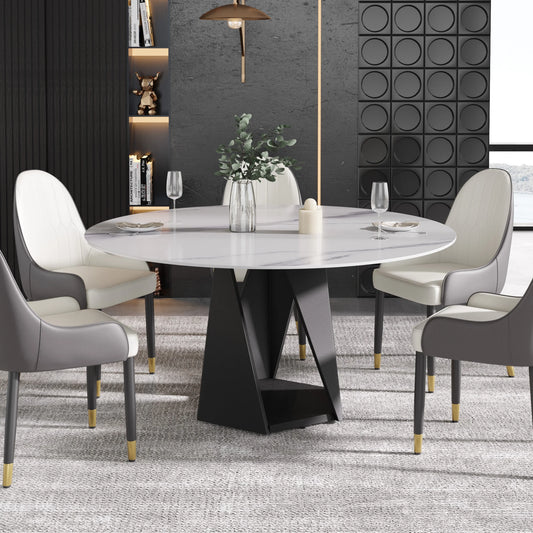 Marbella Sintered Stone Dining Table | 59" White Gloss Round With Metal Base