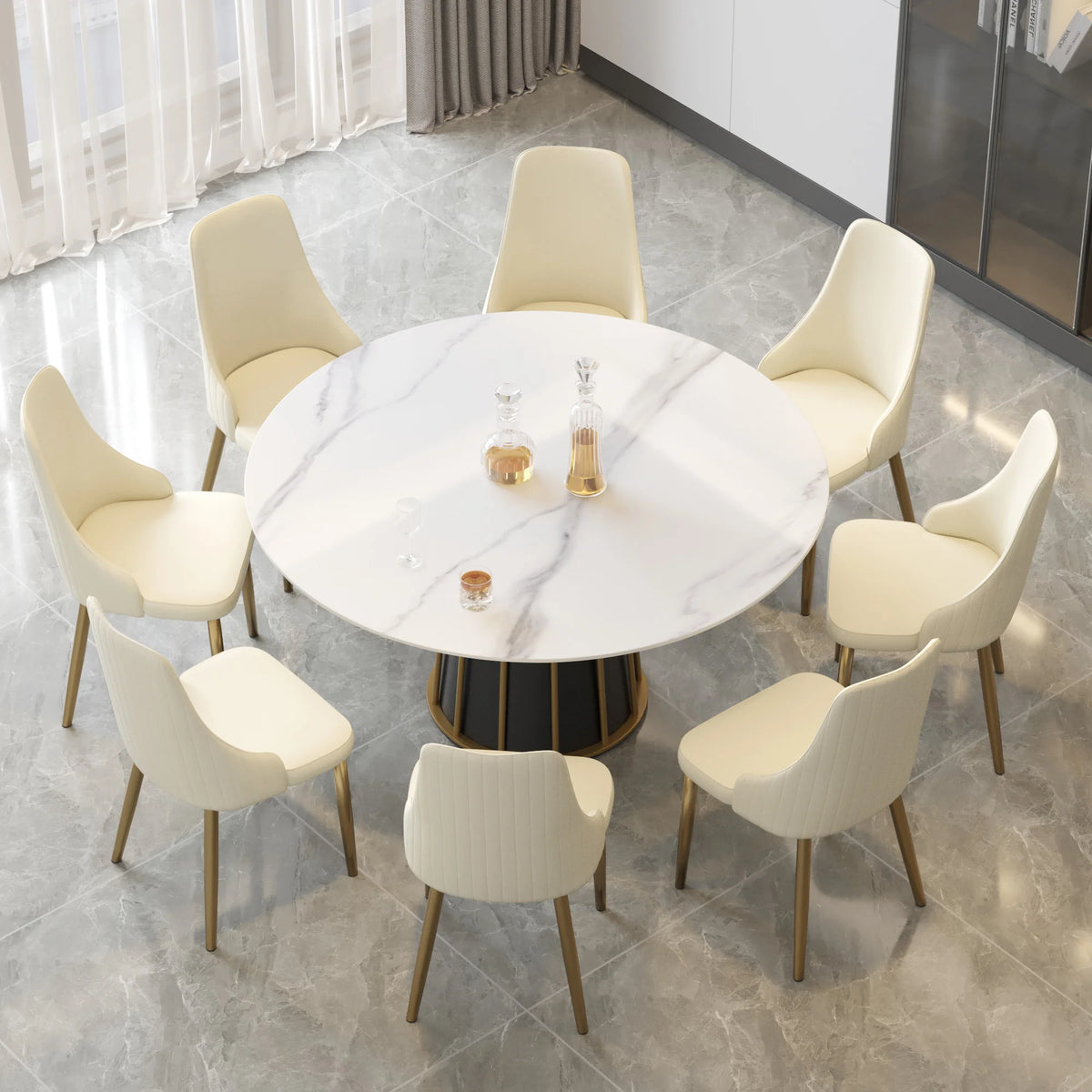 Mesa de comedor Marbella de piedra sinterizada | Redonda de 150 cm (59"), blanca brillante, con base metálica.