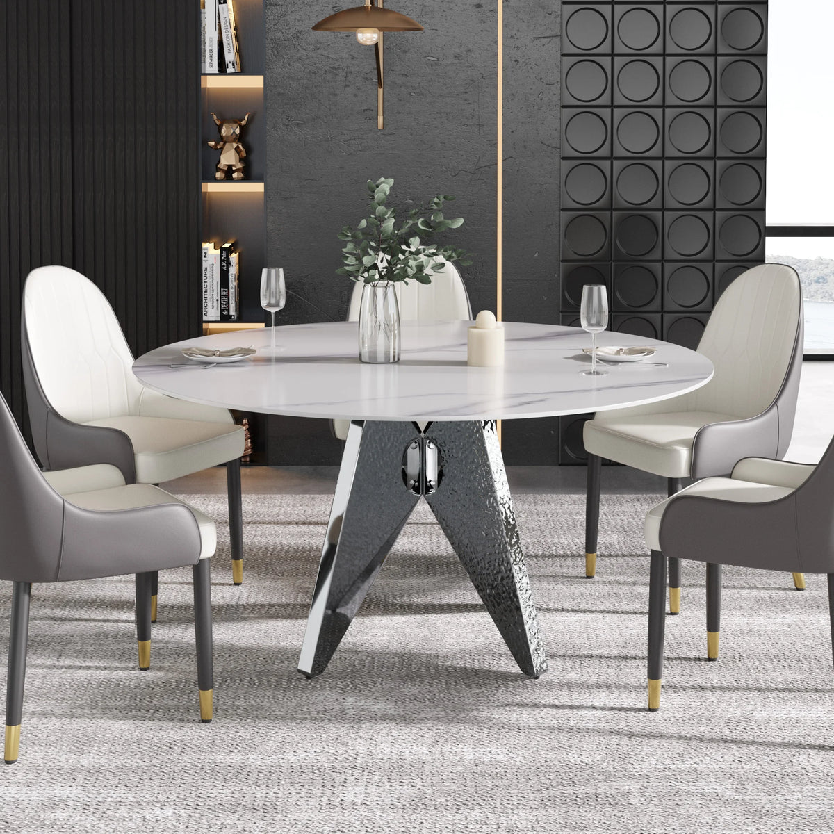 Marbella Sintered Stone Dining Table | 59" White Gloss Round With Metal Base