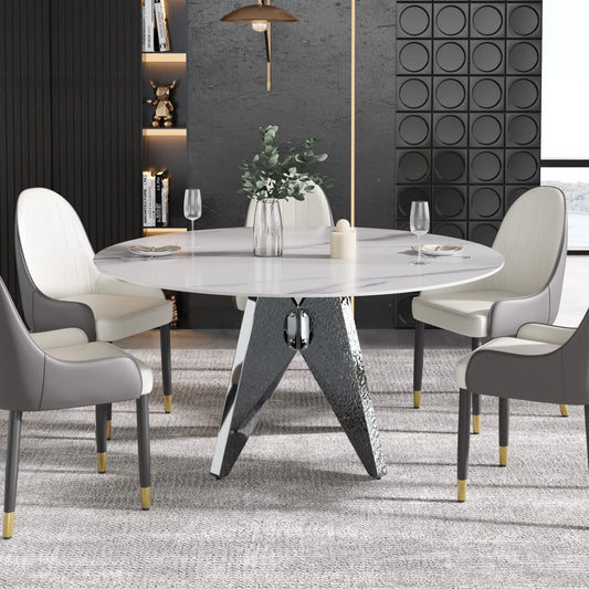 Marbella Sintered Stone Dining Table | 59" White Gloss Round With Metal Base