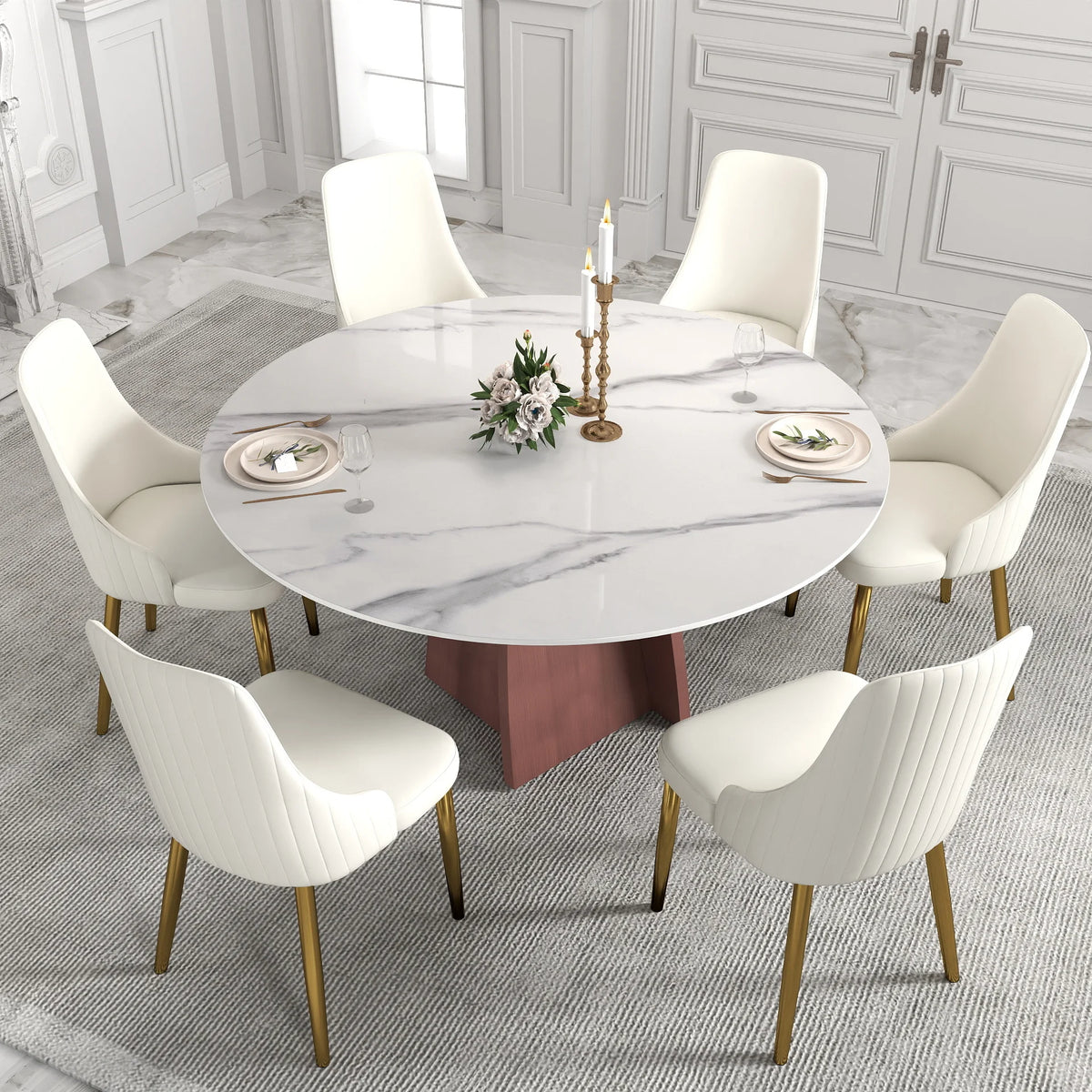 Mesa de comedor Marbella de piedra sinterizada | Redonda de 150 cm (59"), blanca brillante, con base metálica.