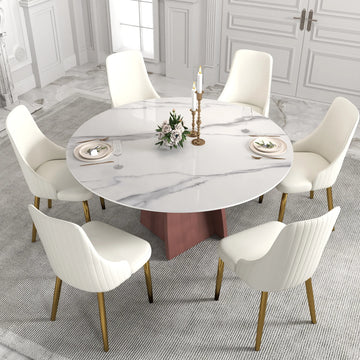 Mesa de comedor Marbella de piedra sinterizada | Redonda de 150 cm (59"), blanca brillante, con base metálica.
