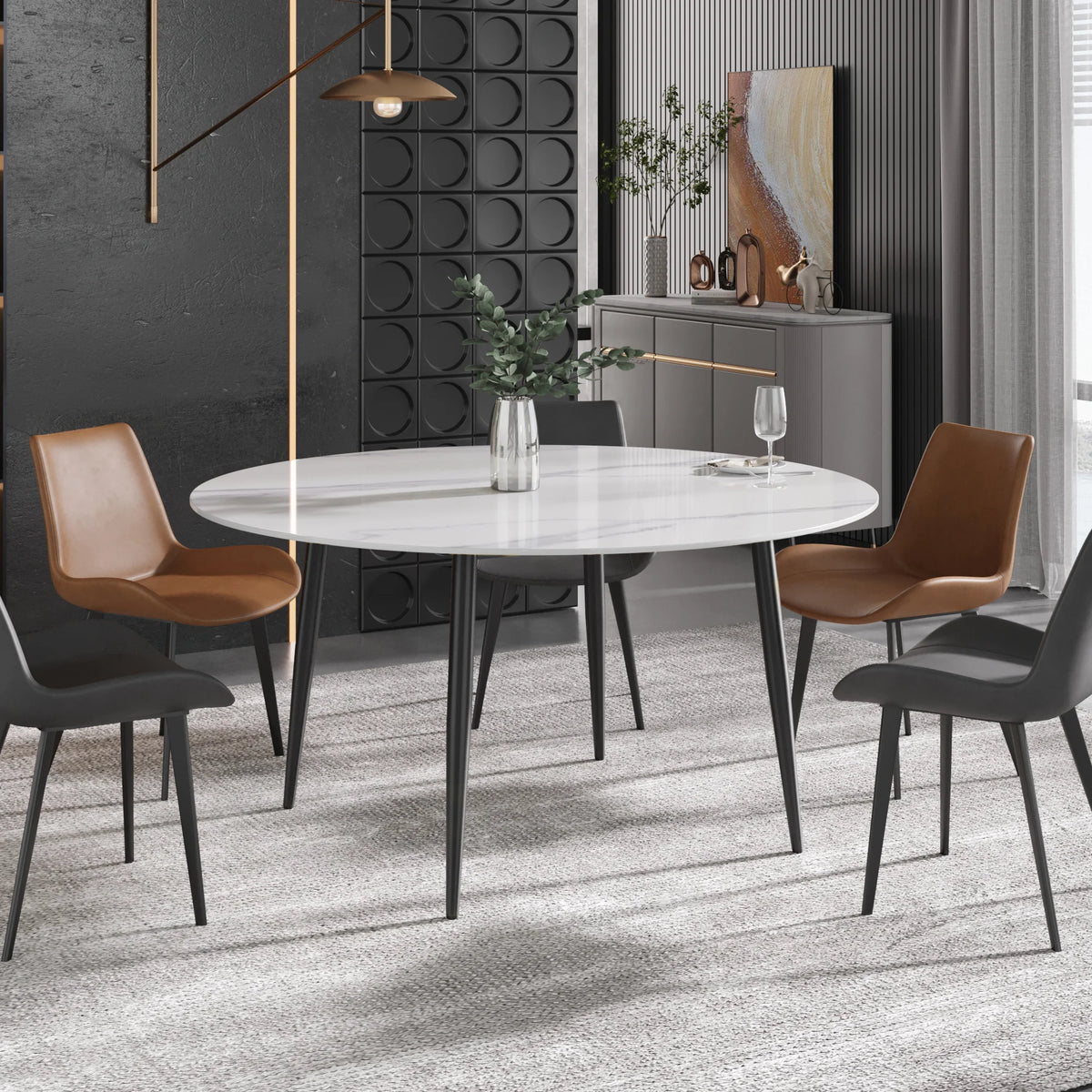 Mesa de comedor Marbella de piedra sinterizada | Redonda de 150 cm (59"), blanca brillante, con base metálica.