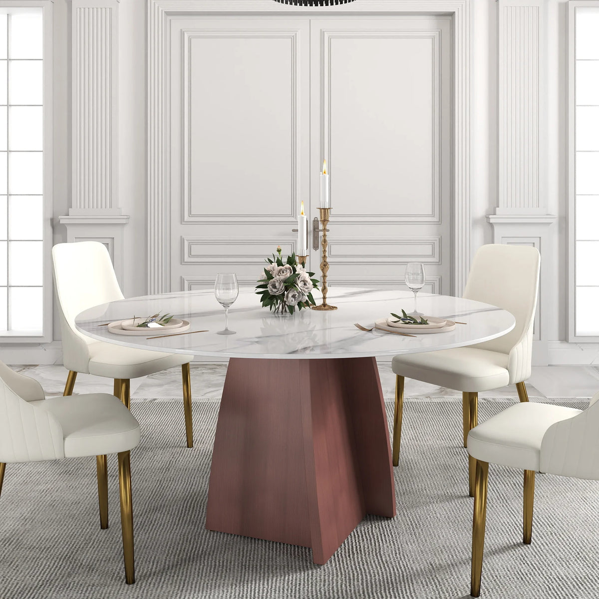 Marbella Sintered Stone Dining Table | 59" White Gloss Round With Metal Base