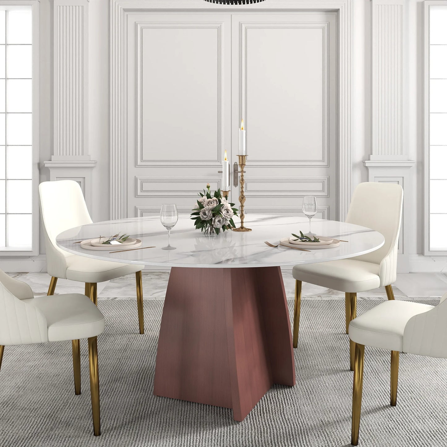 Marbella Sintered Stone Dining Table | 59" White Gloss Round With Metal Base
