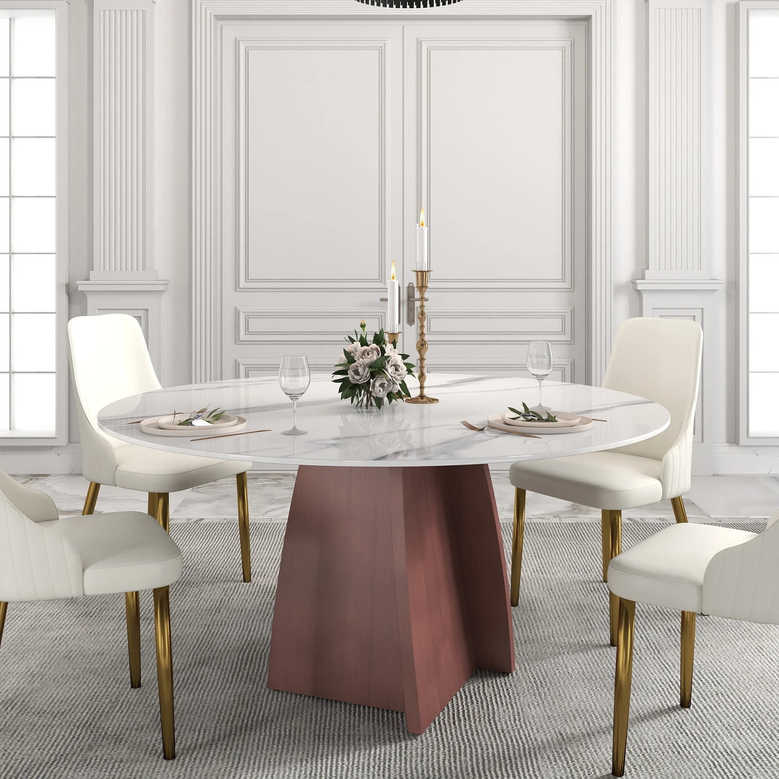 Mesa de comedor Marbella de piedra sinterizada | Redonda de 150 cm (59"), blanca brillante, con base metálica.
