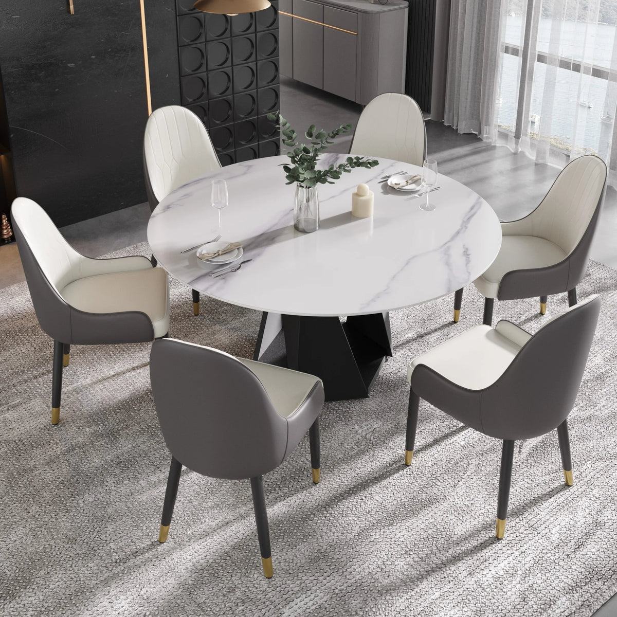 Mesa de comedor Marbella de piedra sinterizada | Redonda de 150 cm (59"), blanca brillante, con base metálica.