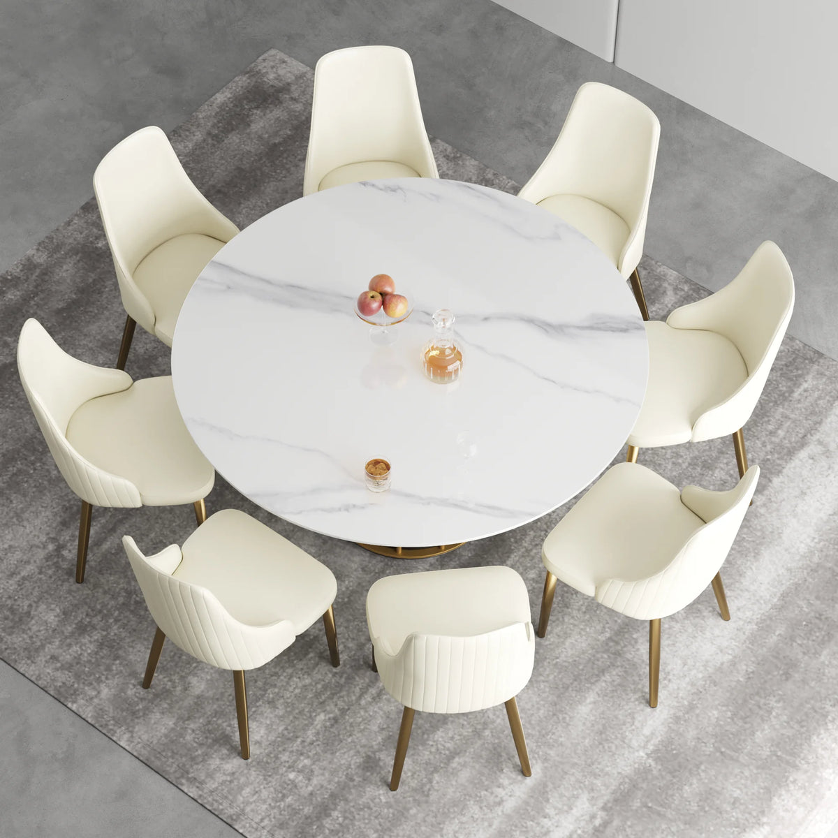 Mesa de comedor Marbella de piedra sinterizada | Redonda de 150 cm (59"), blanca brillante, con base metálica.