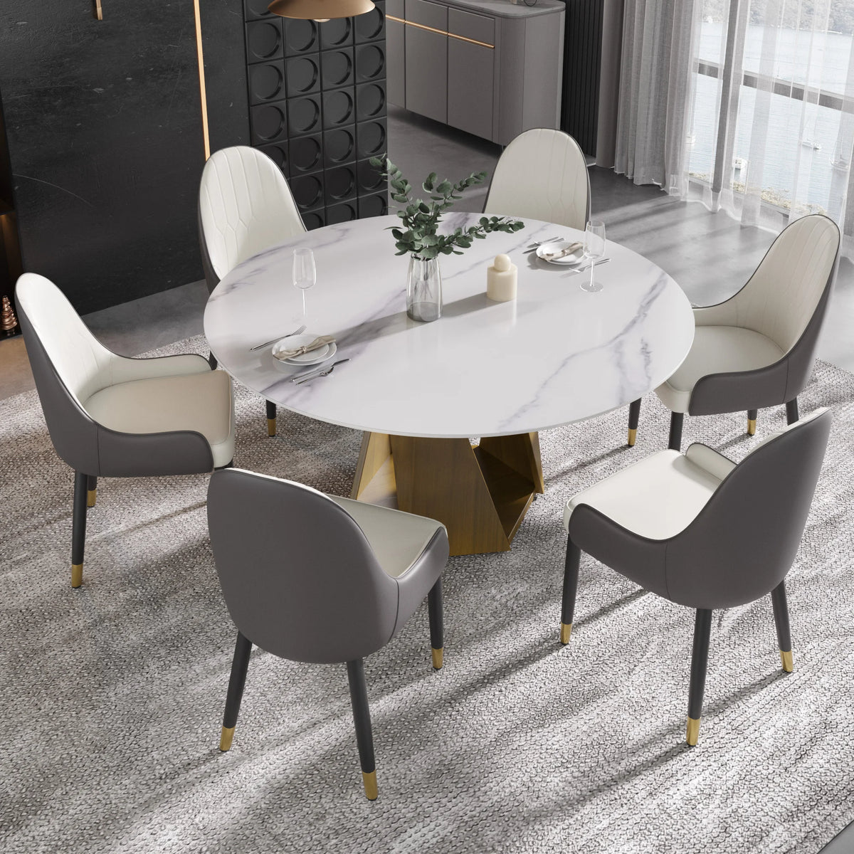 Mesa de comedor Marbella de piedra sinterizada | Redonda de 150 cm (59"), blanca brillante, con base metálica.