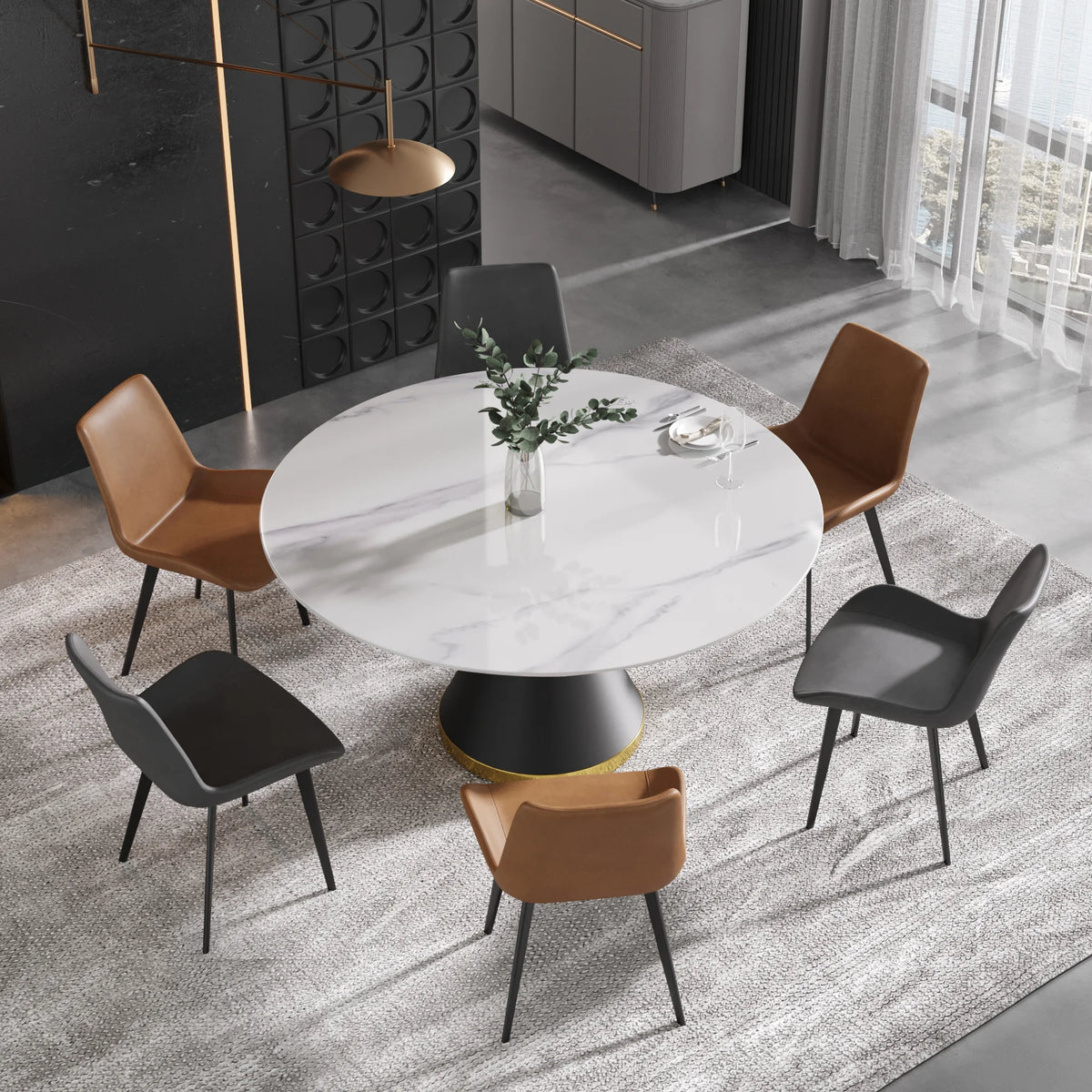 Mesa de comedor Marbella de piedra sinterizada | Redonda de 150 cm (59"), blanca brillante, con base metálica.