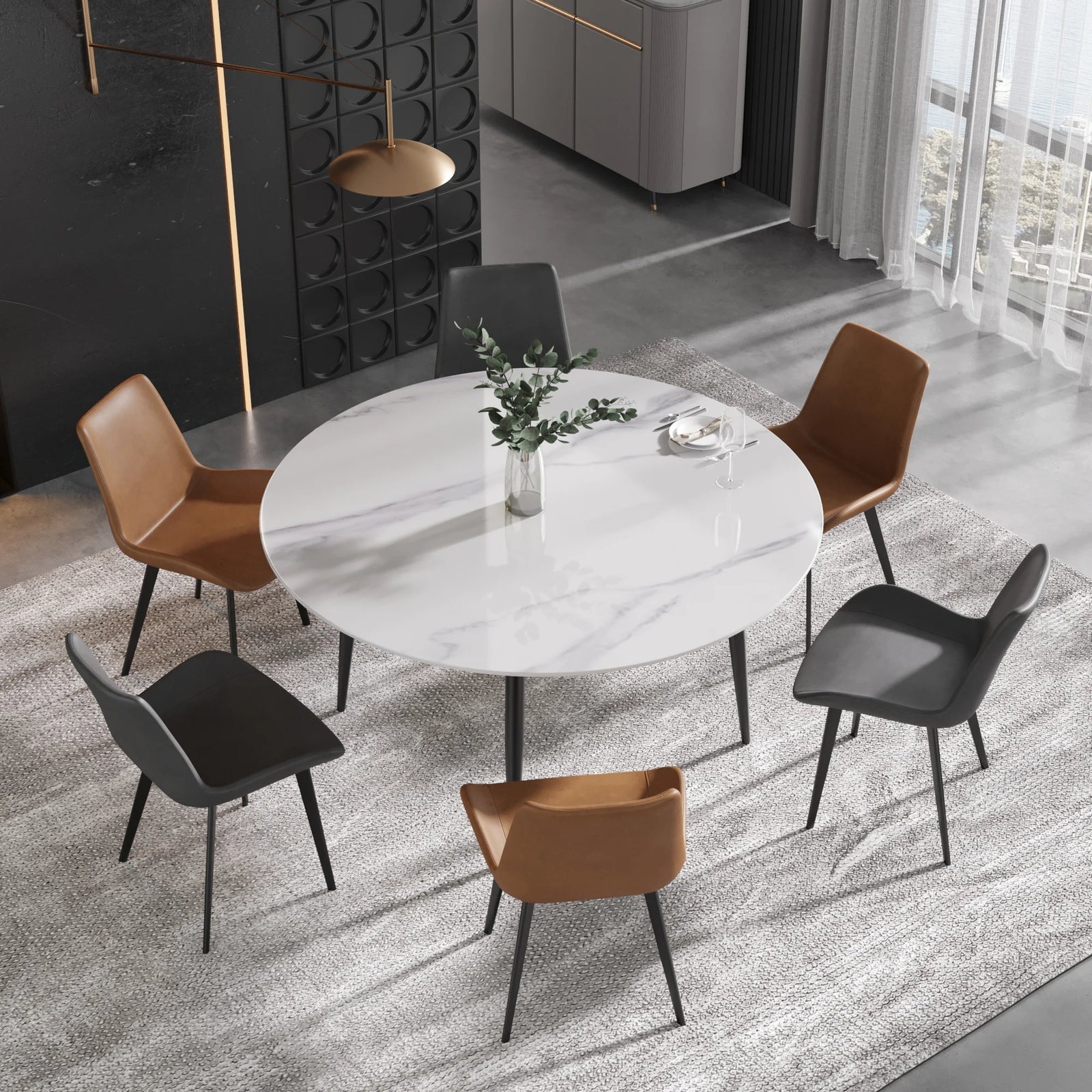 Mesa de comedor Marbella de piedra sinterizada | Redonda de 150 cm (59"), blanca brillante, con base metálica.