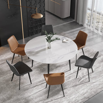 Mesa de comedor Marbella de piedra sinterizada | Redonda de 150 cm (59"), blanca brillante, con base metálica.