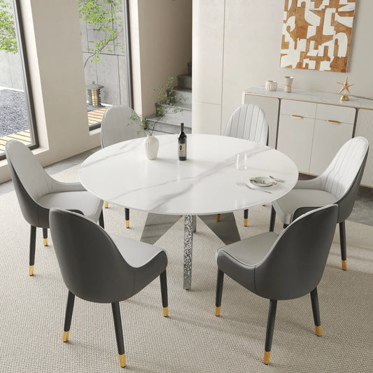 Marbella Sintered Stone Dining Table | 59" White Gloss Round With Metal Base