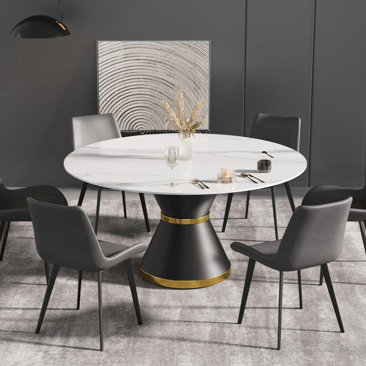 Mesa de comedor Marbella de piedra sinterizada | Redonda de 150 cm (59"), blanca brillante, con base metálica.