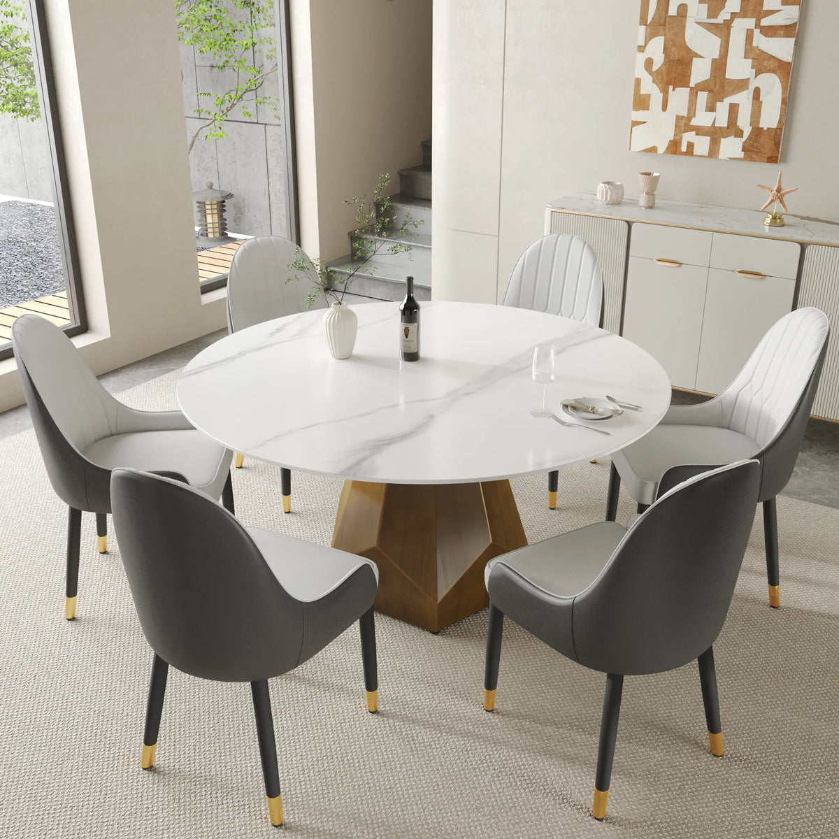 Mesa de comedor Marbella de piedra sinterizada | Redonda de 150 cm (59"), blanca brillante, con base metálica.