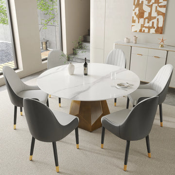 Mesa de comedor Marbella de piedra sinterizada | Redonda de 150 cm (59"), blanca brillante, con base metálica.
