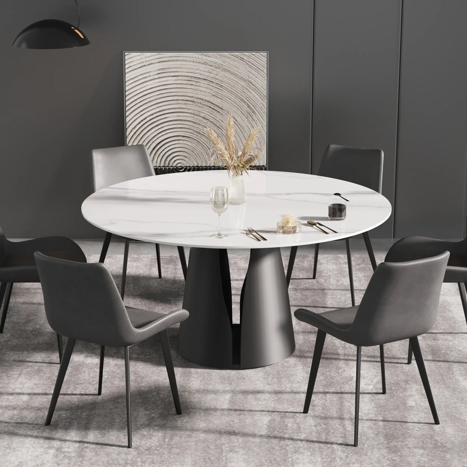Marbella Sintered Stone Dining Table | 59" White Gloss Round With Metal Base