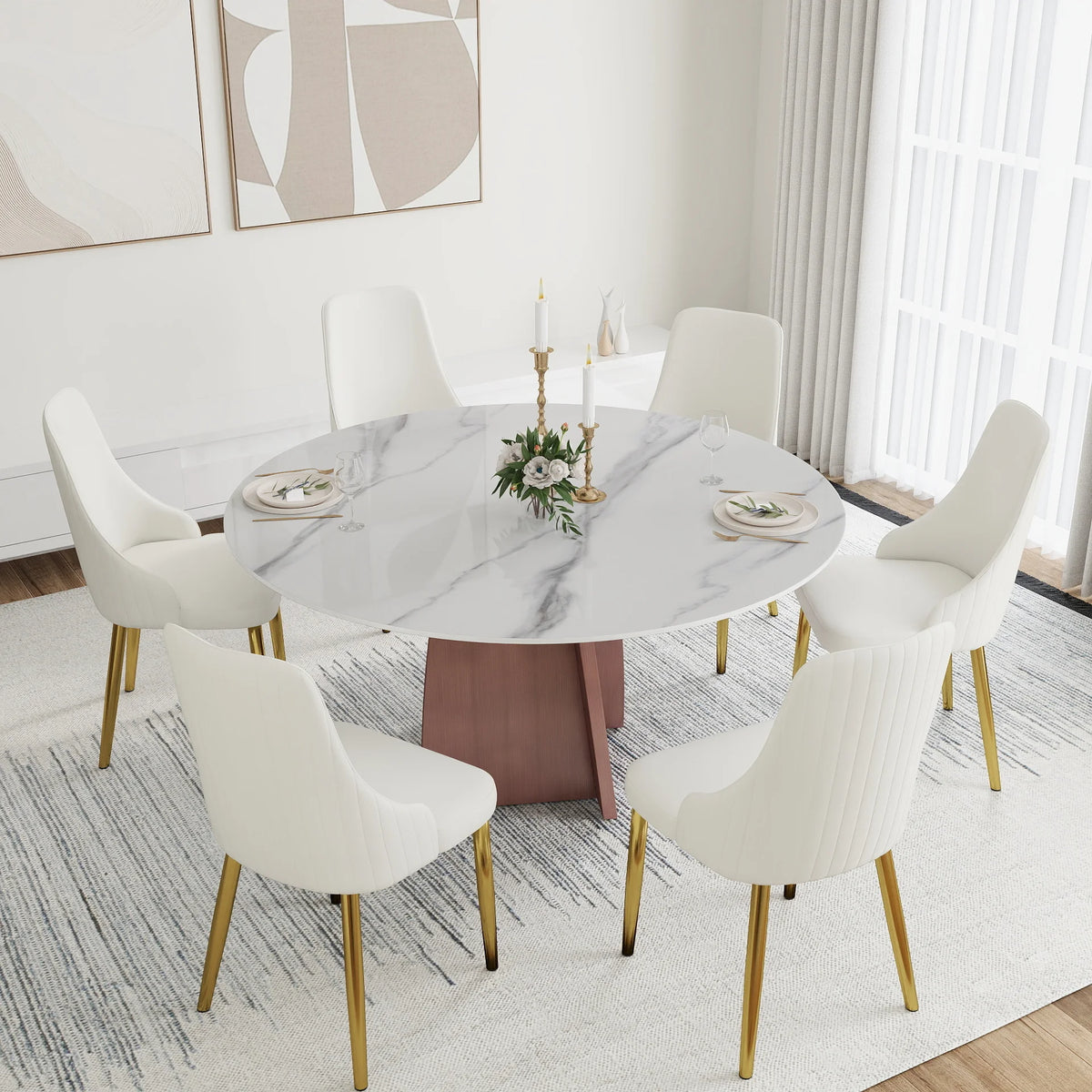 Mesa de comedor Marbella de piedra sinterizada | Redonda de 150 cm (59"), blanca brillante, con base metálica.