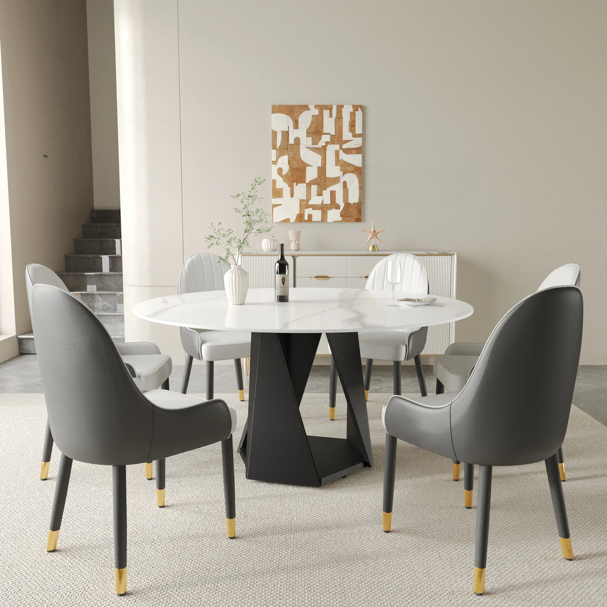 Mesa de comedor Marbella de piedra sinterizada | Redonda de 150 cm (59"), blanca brillante, con base metálica.